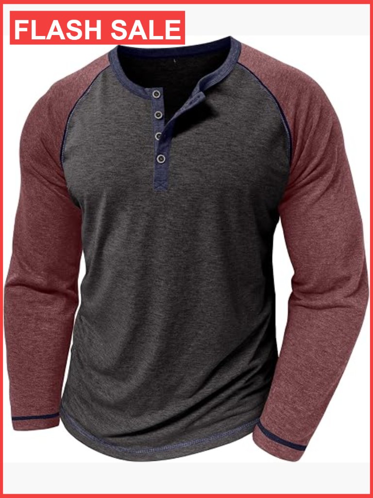 Vintage Henley Long Sleeve Color Block T Shirt Casual Button Tee